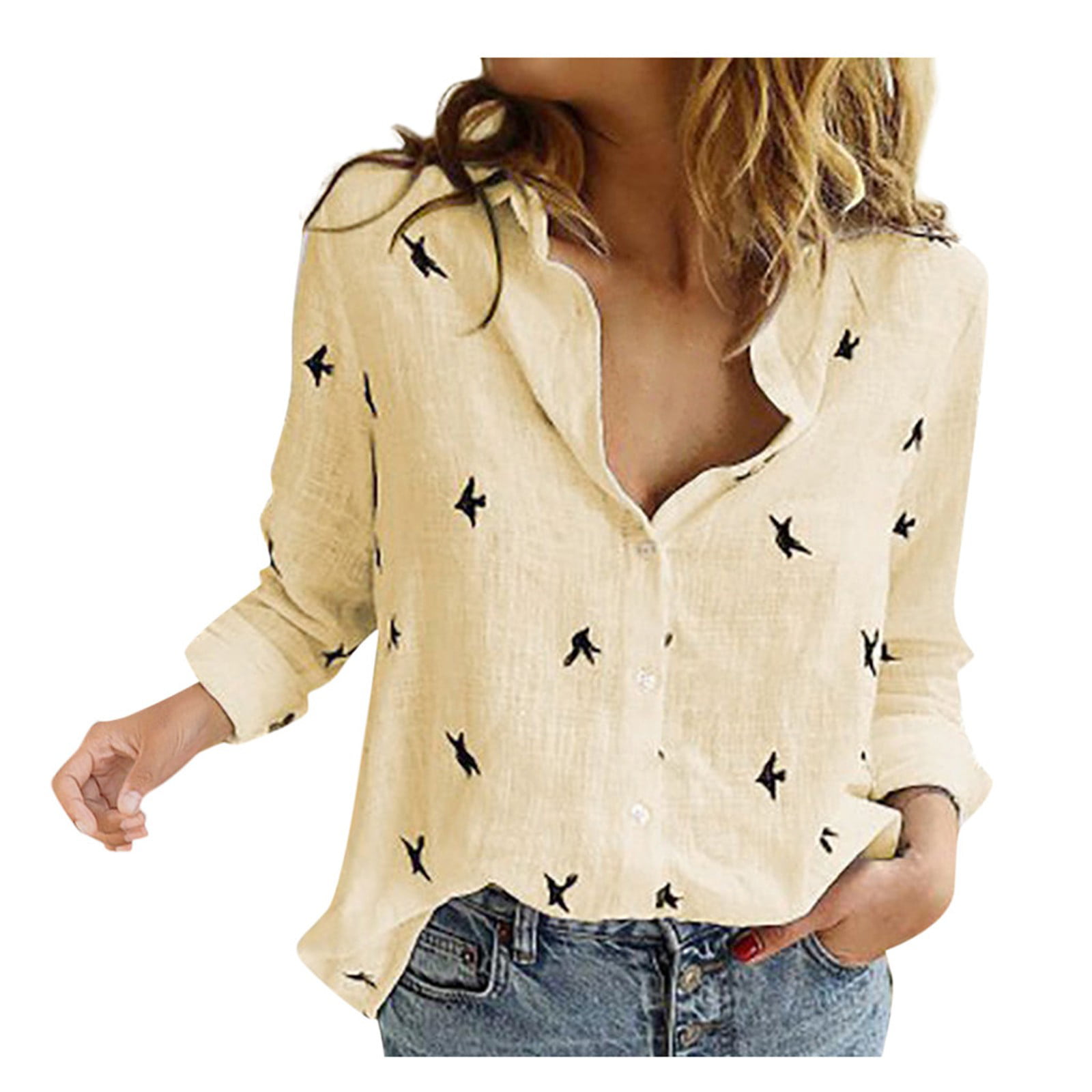 Cotton Shirts for Women  Women Shirts Crop Tops Women S Button Down Dressy Shirts Women S Casual Fashion Loose Printed Linen Lapel Long Sleeve Tops Co