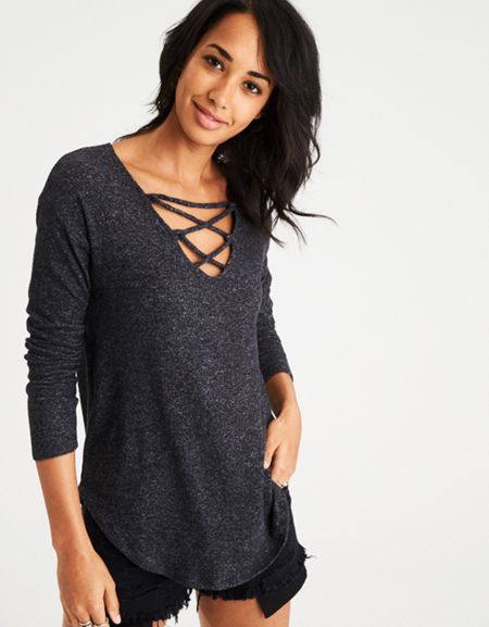 AE Soft & Sexy Plush Lace-up V-Neck Sweatshirt