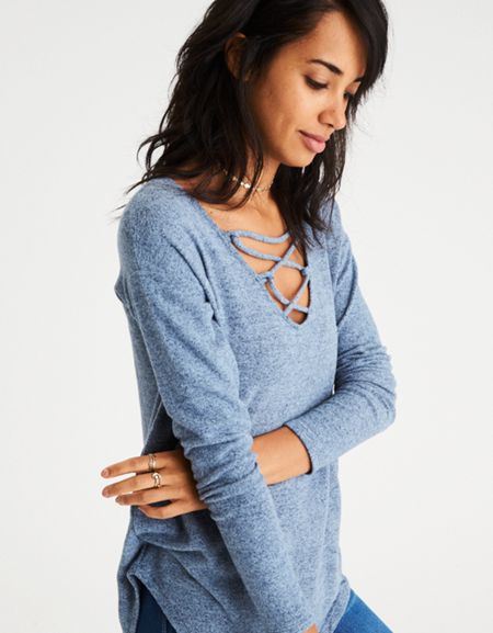 AE Soft & Sexy Plush Lace-up V-Neck Sweatshirt