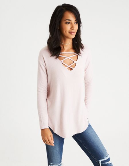 AE Soft & Sexy Plush Lace-up V-Neck Sweatshirt