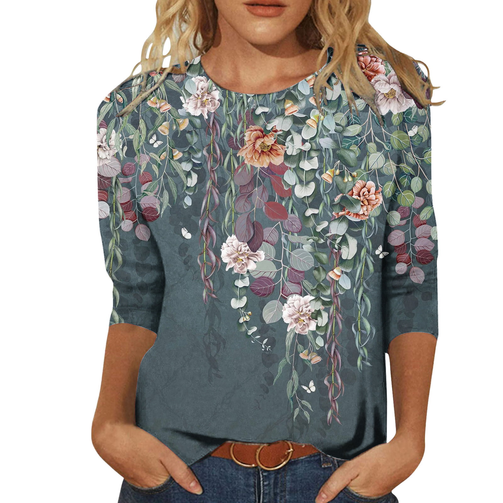 CLZOUD Womens Shirt Dress Blue Womens Printing Casual Fashion Crew Neck ButtonThree Quarter Sleeve T Shirt Blouse Tops Xl