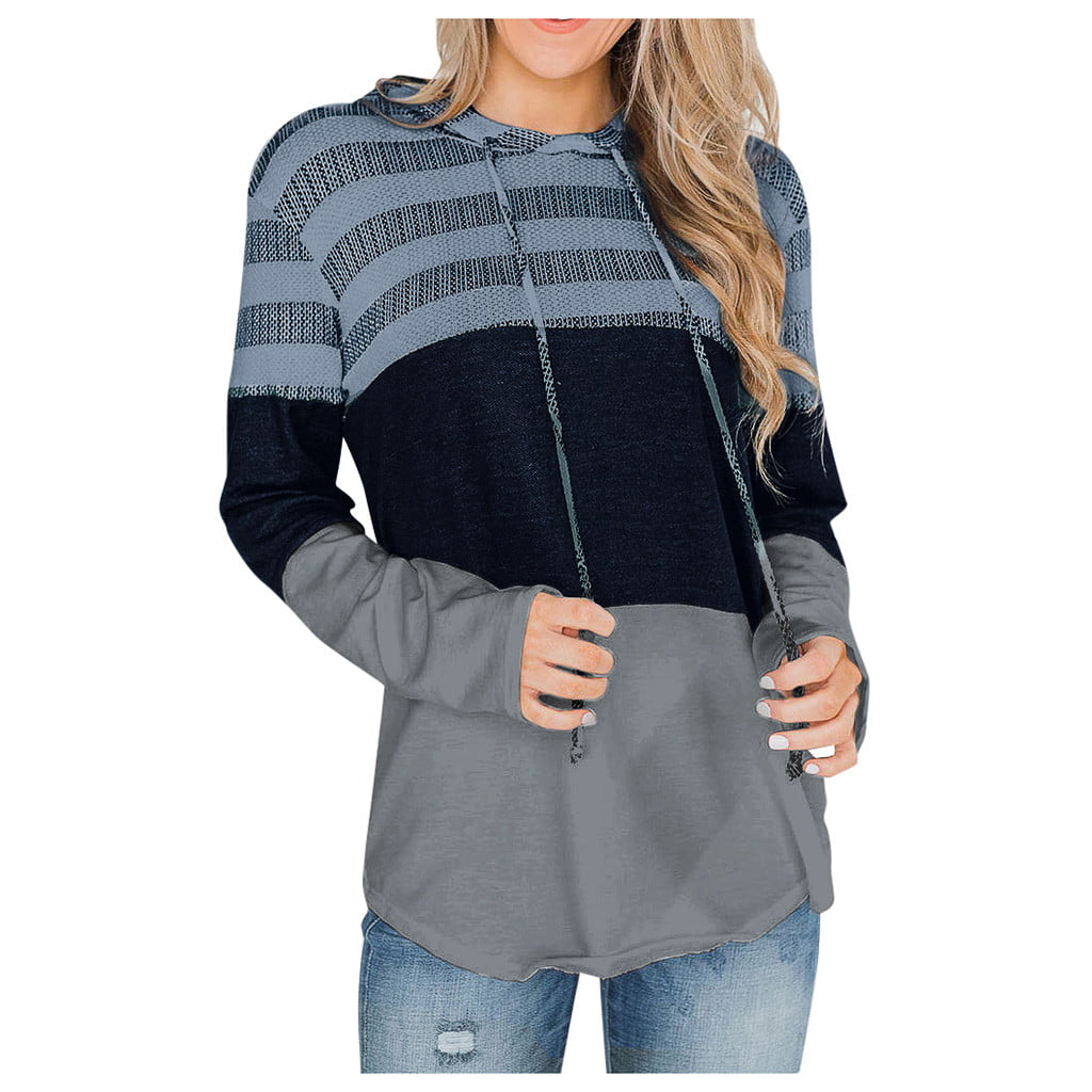 Women Hoodies Clearance Women S Long Sleeve Striped Patchwork Block Drawstring Hoodie Pullove Top Blouse