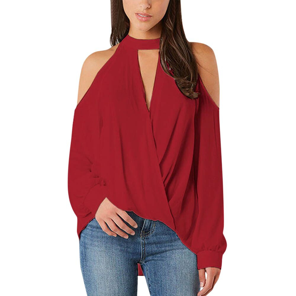CLZOUD Womens Blouses Dressy Casual Black White Red Polyester Women Lady V-Neck Off Shoulder Long Sleeve T-Shirt Tops Blouse M