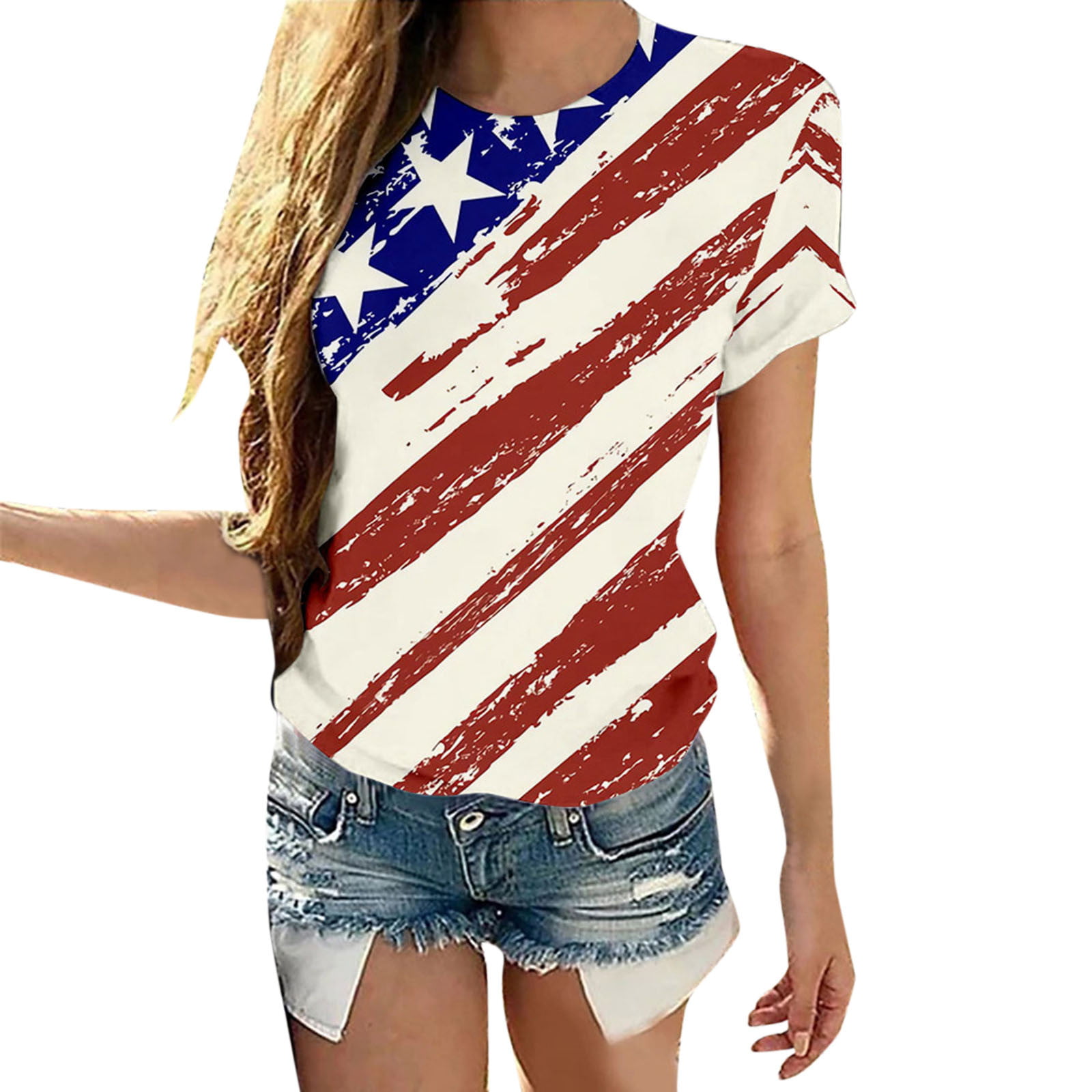 GWAABD Fitted T Shirts for Women Women Casual Summer Printing Shirts Round Neck Short Sleeve Tee Loose Tops Tunic Blouse