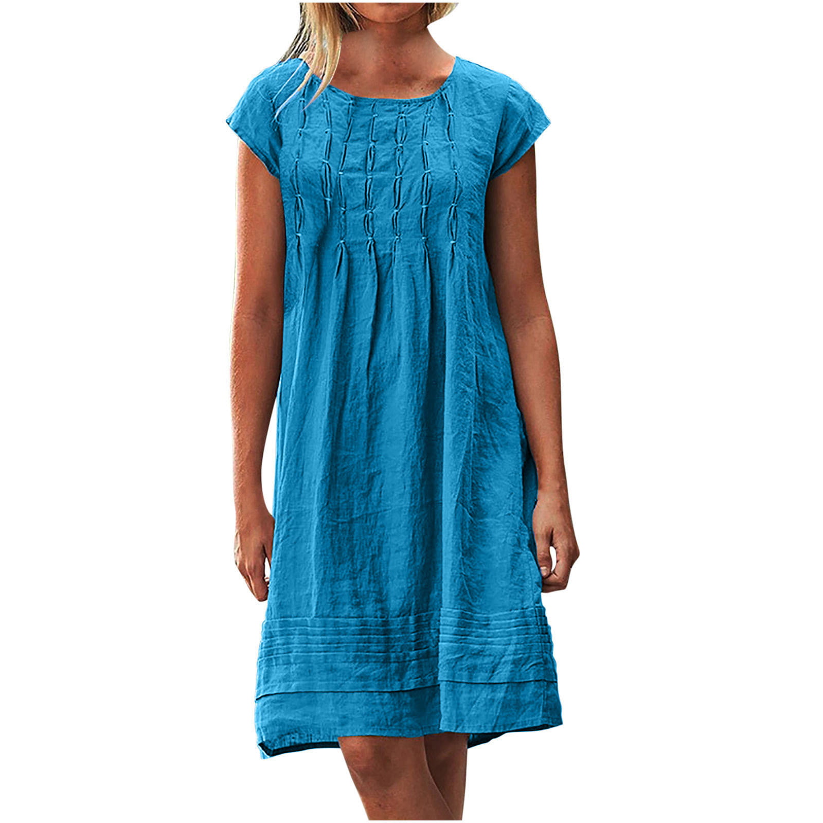 Women Plus Size Dresses Clearance Cotton and Linen Crewneck Loose Short Sleeve Solid Mini Dress