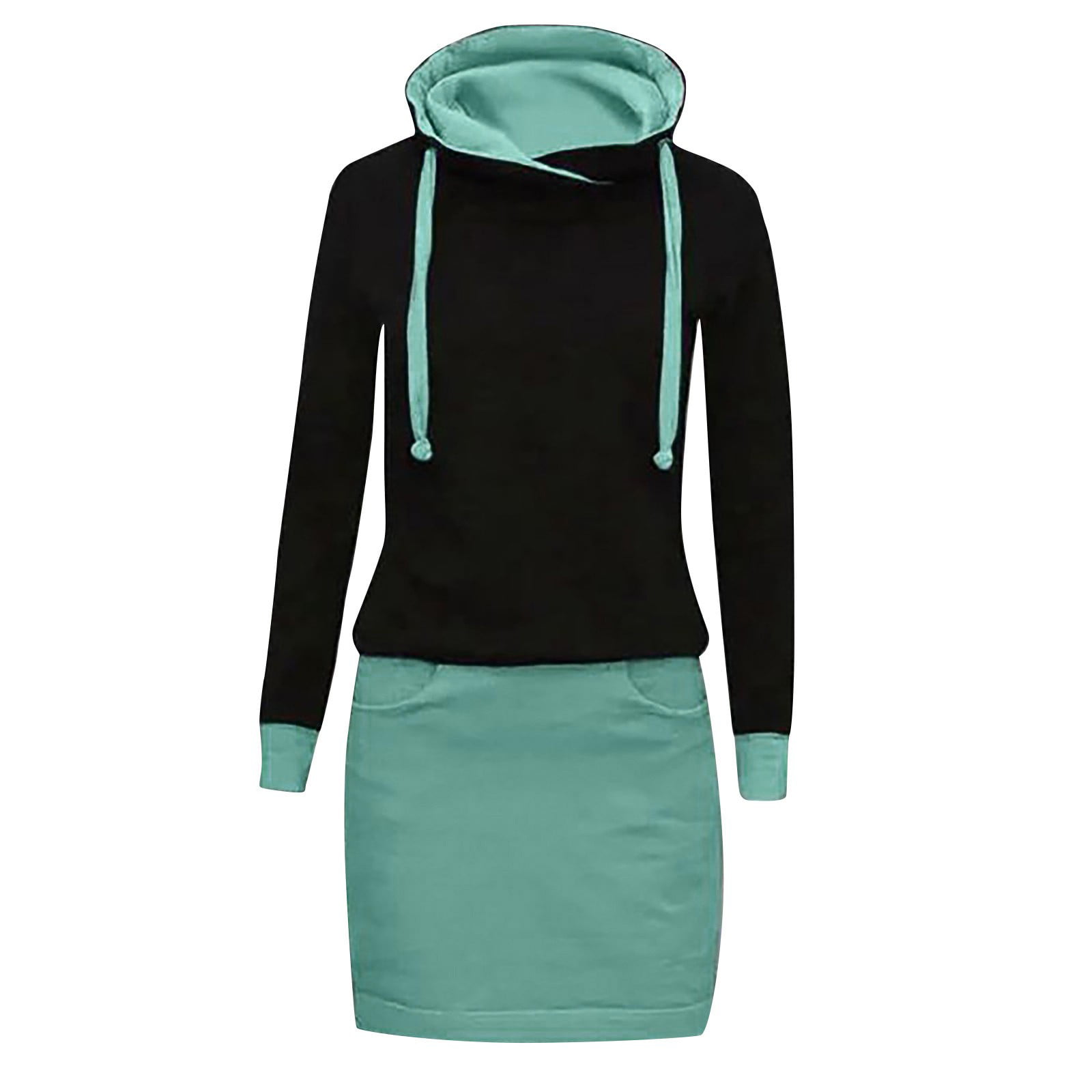 CLZOUD Comfy Dress for Women Sky Blue Polyester Women Casual Color Block Long Sleeve O- Neck Above Knee Dress Loose Dresses Xxxl