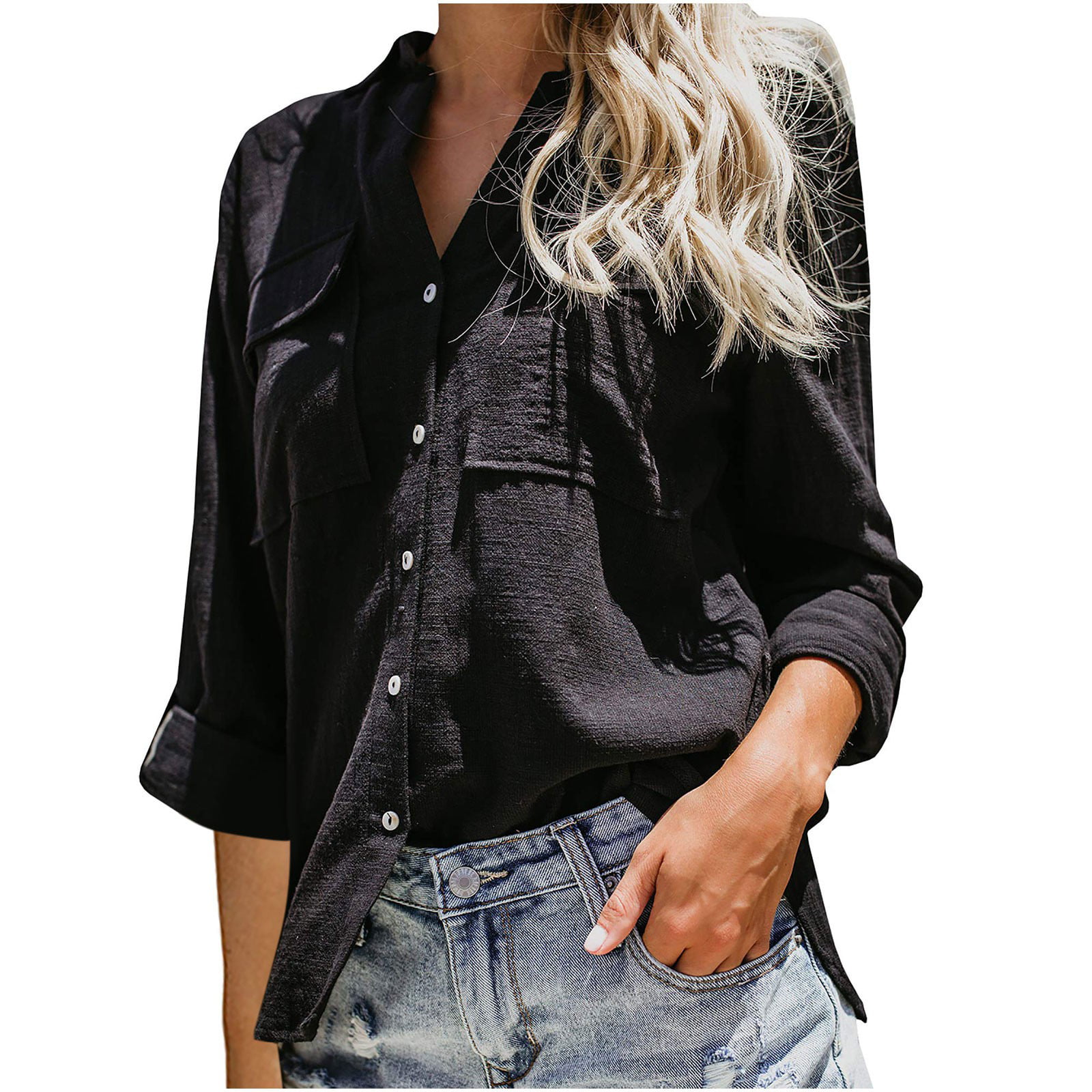 GWAABD Light Weight Long Sleeve Shirts for Women Women S Casual Lapel Long Sleeve Solid Color Long Sleeve Elegant Button Slub Cotton Top Shirt