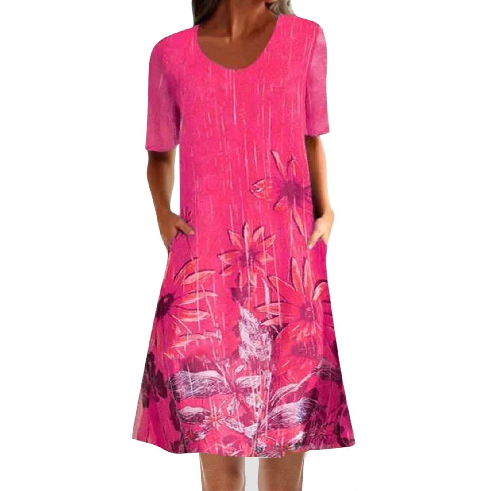 CLZOUD Summer Dresses for Women Red Polyester Spandex Women Summer Boho Floral Print Dress Round Neck Short Sleeve Loose Pocket Dress Xxl