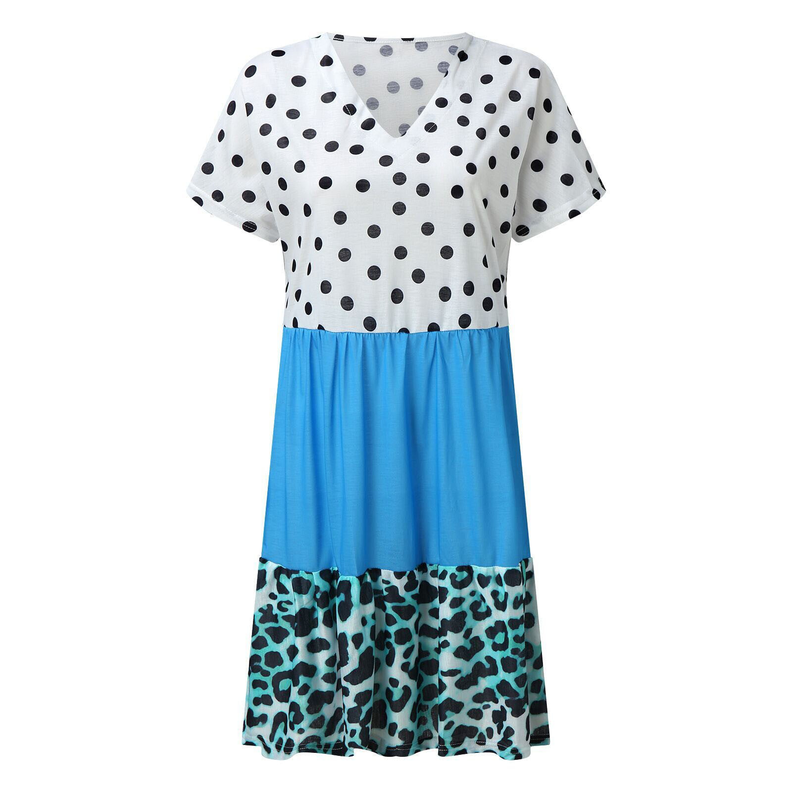 CLZOUD Flowy Summer Dresses Blue Polyester Fibre Summer Polka Dot Printed Panel Contrast Women S V Neck Short Sleeved Dress Xxxxxl