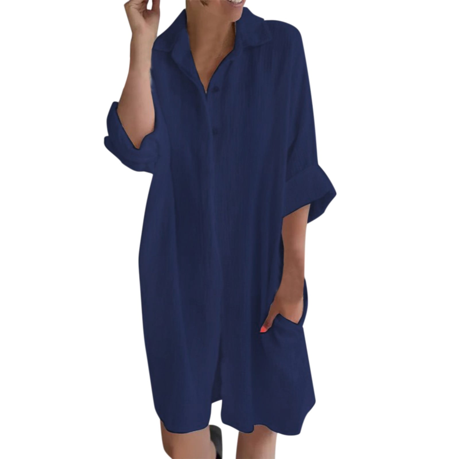 GWAABD Smocked MIDI Dress Womens Casual Loose Solid Color Cotton Linen Pockets Long Shirt Dress