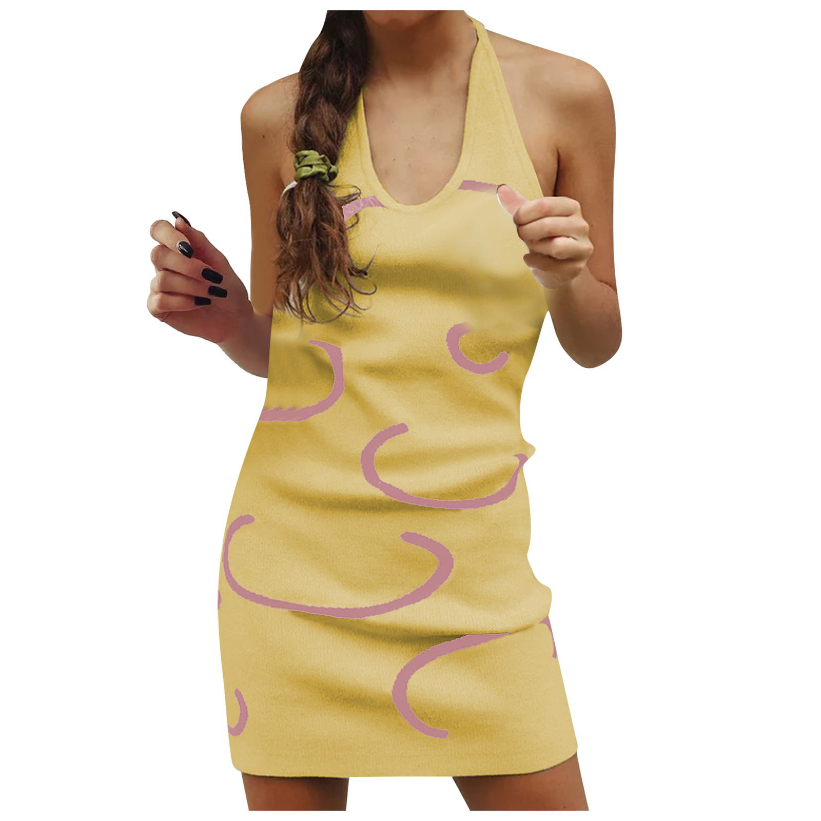 CLZOUD Casual Dress for Women Yellow Cotton Women Halter 2023 Dress Knitted Backless MIDI Dress Party Club Dress L