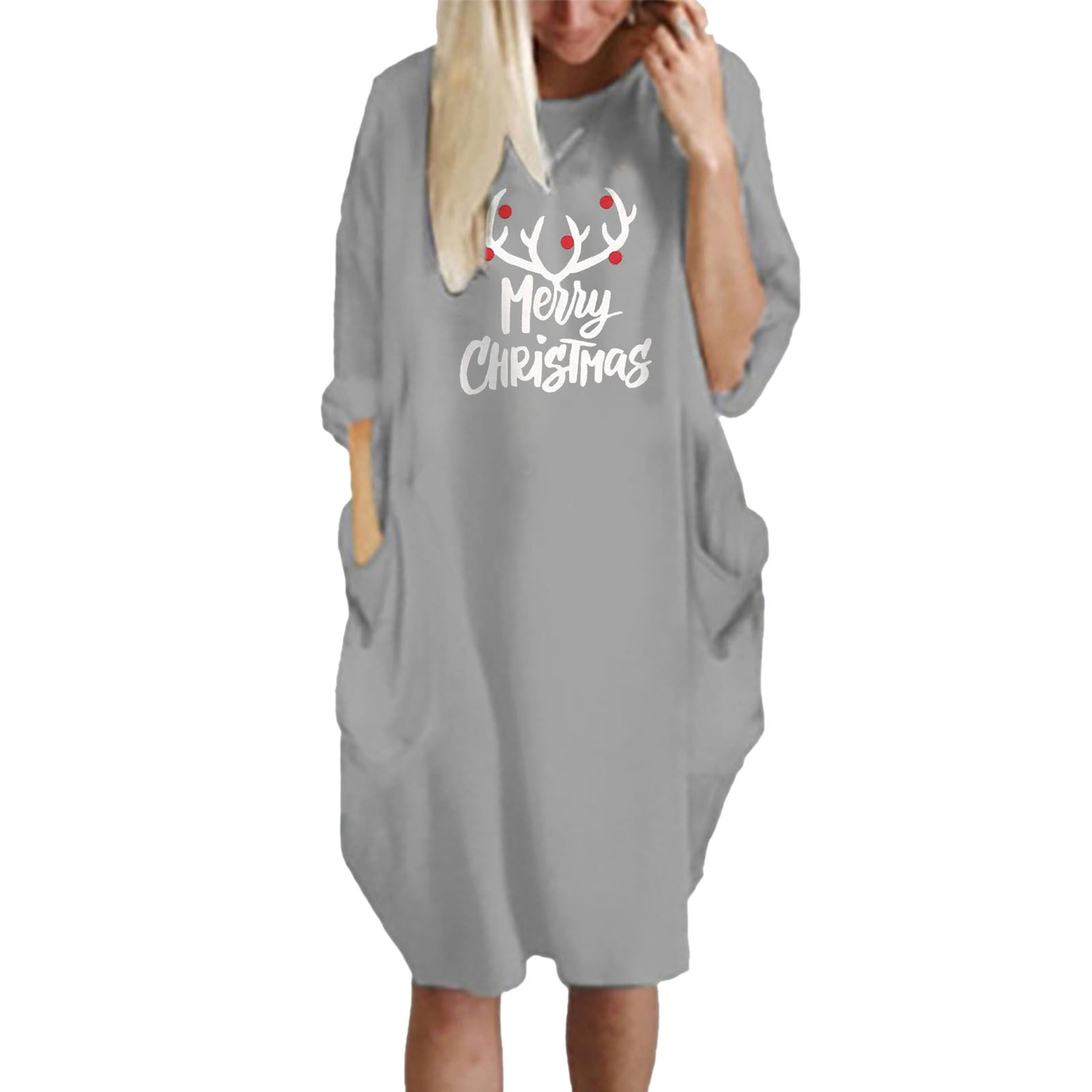 GWAABD Dresses for Women Fall Womens Christmas Print Long Sleeve Loose Pocket Oversize Tunic Soft Elastic Dress