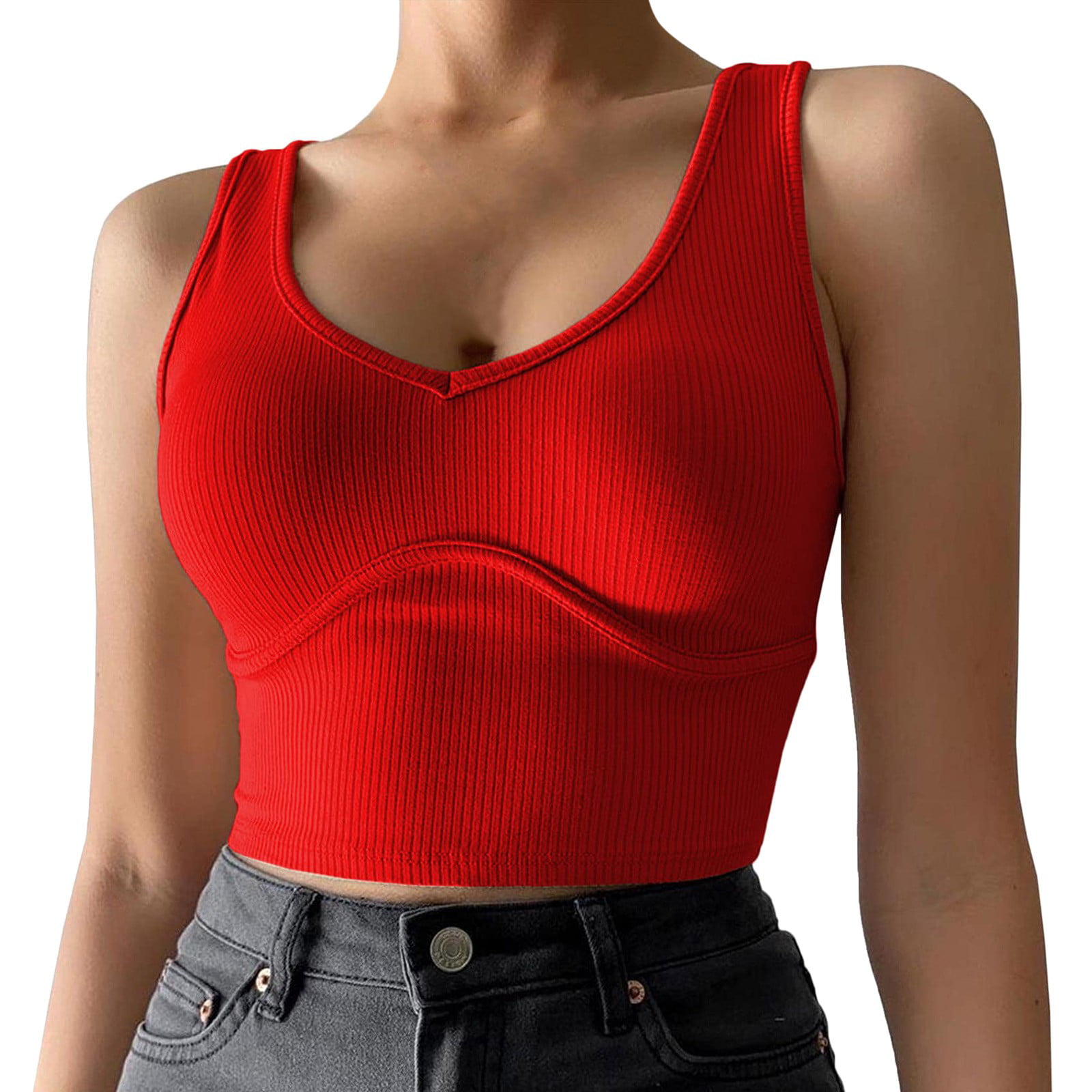CLZOUD Strapless Crop Tank Cami Fairy Red Women S Deep V Neck Basically Crop Tank Tops Sleeveless Ribbed Fitted Gym Sport Top S