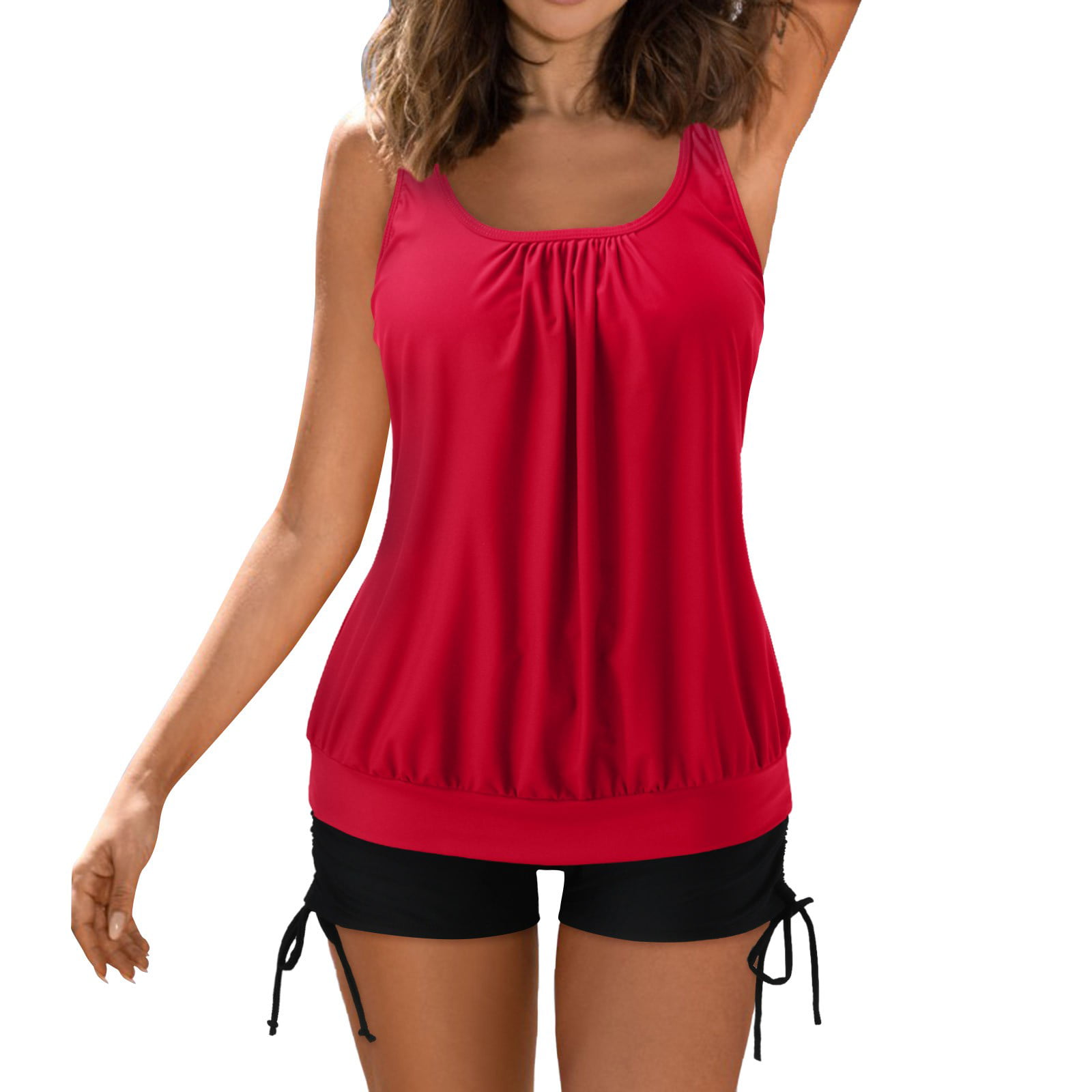 CLZOUD Push up Padded Swimwear Bathing Suit Red Tankini Swimsuits for Women 2 Piece Bathing Suits Tops with Boyshorts Loose Fit Swimwear M