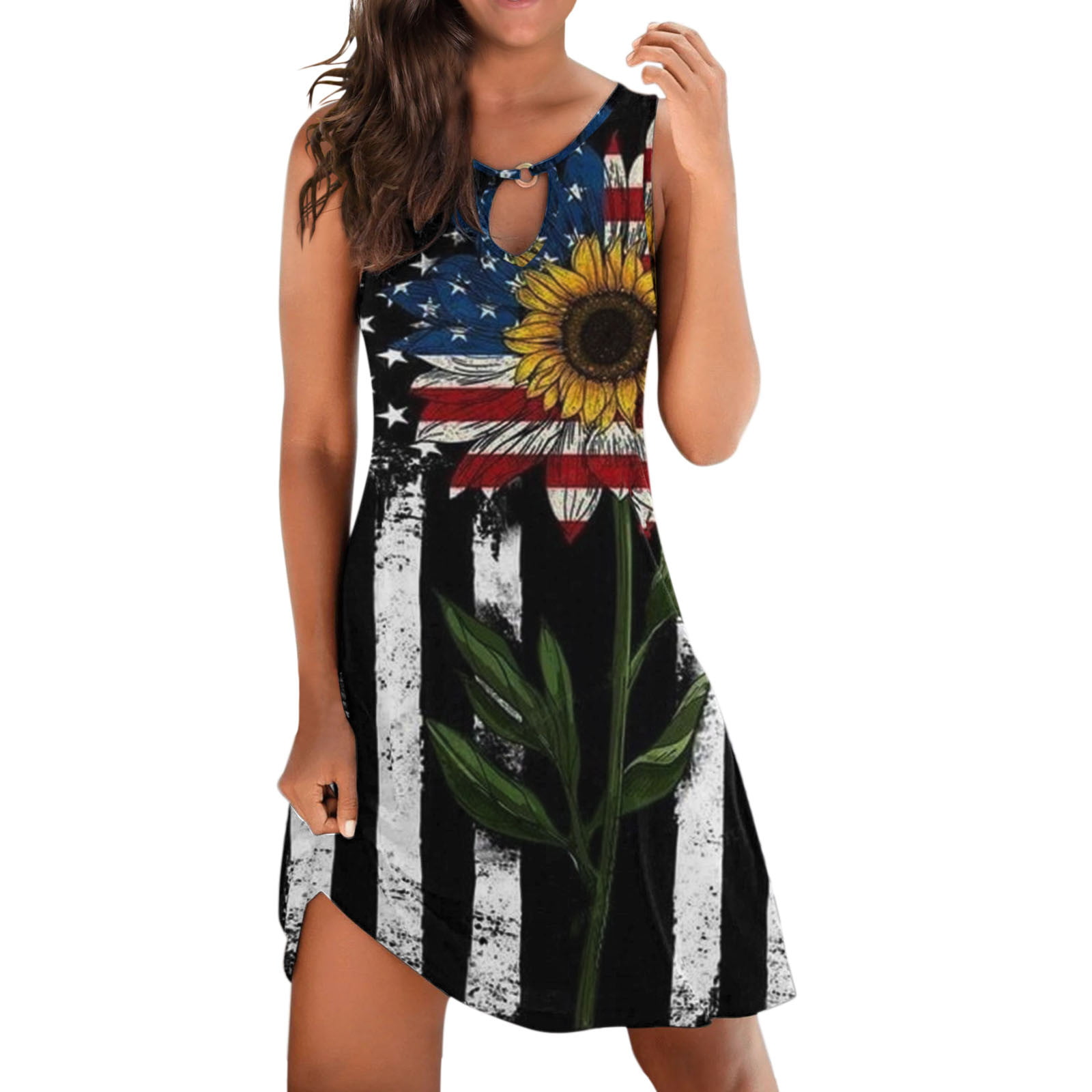 GWAABD MIDI Long Sleeve Dress for Women Women Casual Independence Day Print Tank Top Sleeveless Dress Cutout V Neck Loose Beach Short Mini Tank Dress