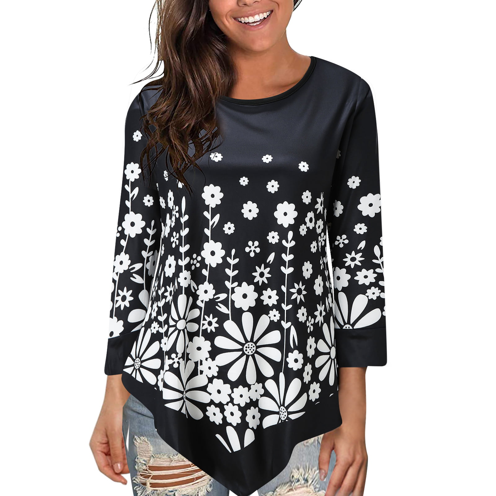 GWAABD Womens Shirts Trendy Women Round Neck Long Sleeve Print Asymmetrical Hemline Casual Flowy Shirt Tops