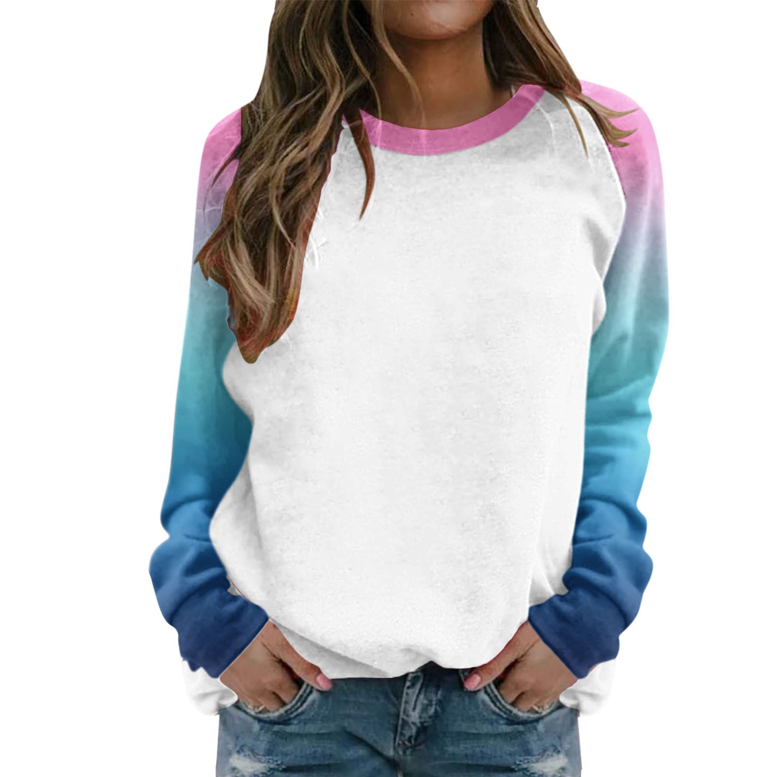 GWAABD Womens Sweatshirts Crewneck Suitable Tops for Women Raglan Crewneck Tops Gradient Solid Print Sweatshirts Top Long Sleeve Color Block Pullover 