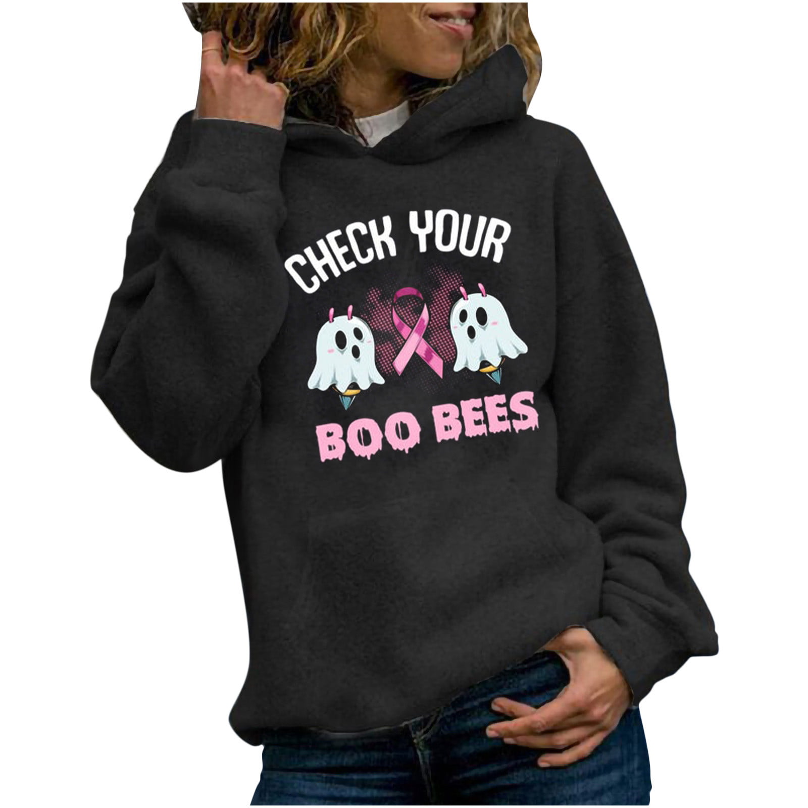 Women Plus Size Hoodies Clearance Casual Hoodies Jumper Tops Pink Ribbon Print Sweatshirt Blouse Tee