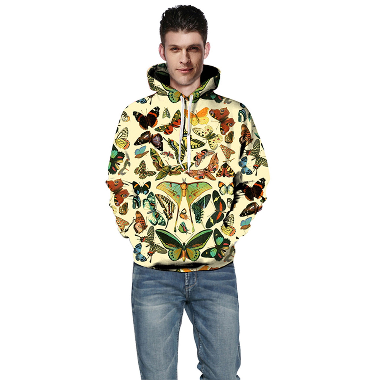 CLZOUD Woman Elegant Casual Blouse Beige Polyester Unisex Sweatshirt Hooded Long Sleeve Top Butterfly Print Pullover Lovers Xxl