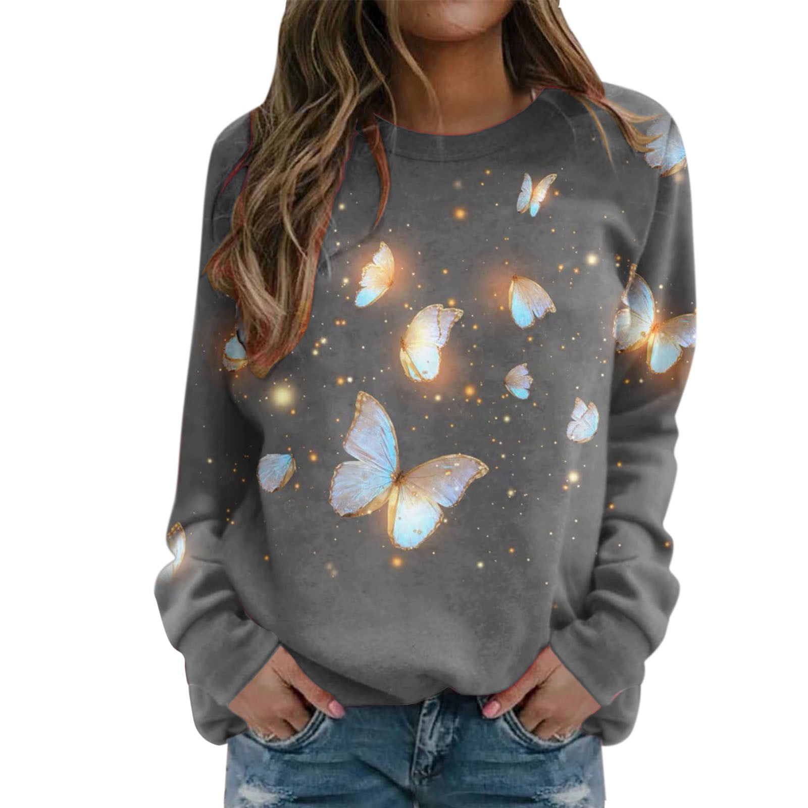 GWAABD Ladies Sweatshirt Womens Gradient Animal Print O Neck Sweatshirt Round Neck Fit Pullover Tops Casual Long Sleeve Workout Shirts Loose Blouse