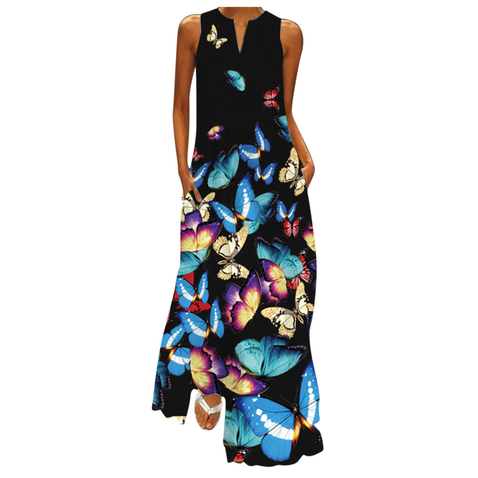 GWAABD White MIDI Dress Women Dress Women Sleeveless Print with Pockets Cami Dress Maxi Party Summer V Neck Women S Dress