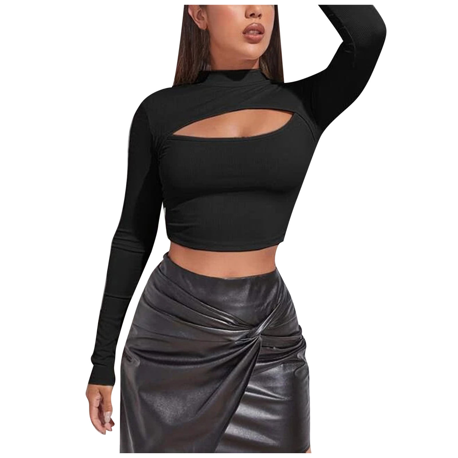 CLZOUD Dress Shirts for Women Black Women Round Neck Long Sleeve Pullover Hollow Solid Slim Fashion Casual T Shirt S