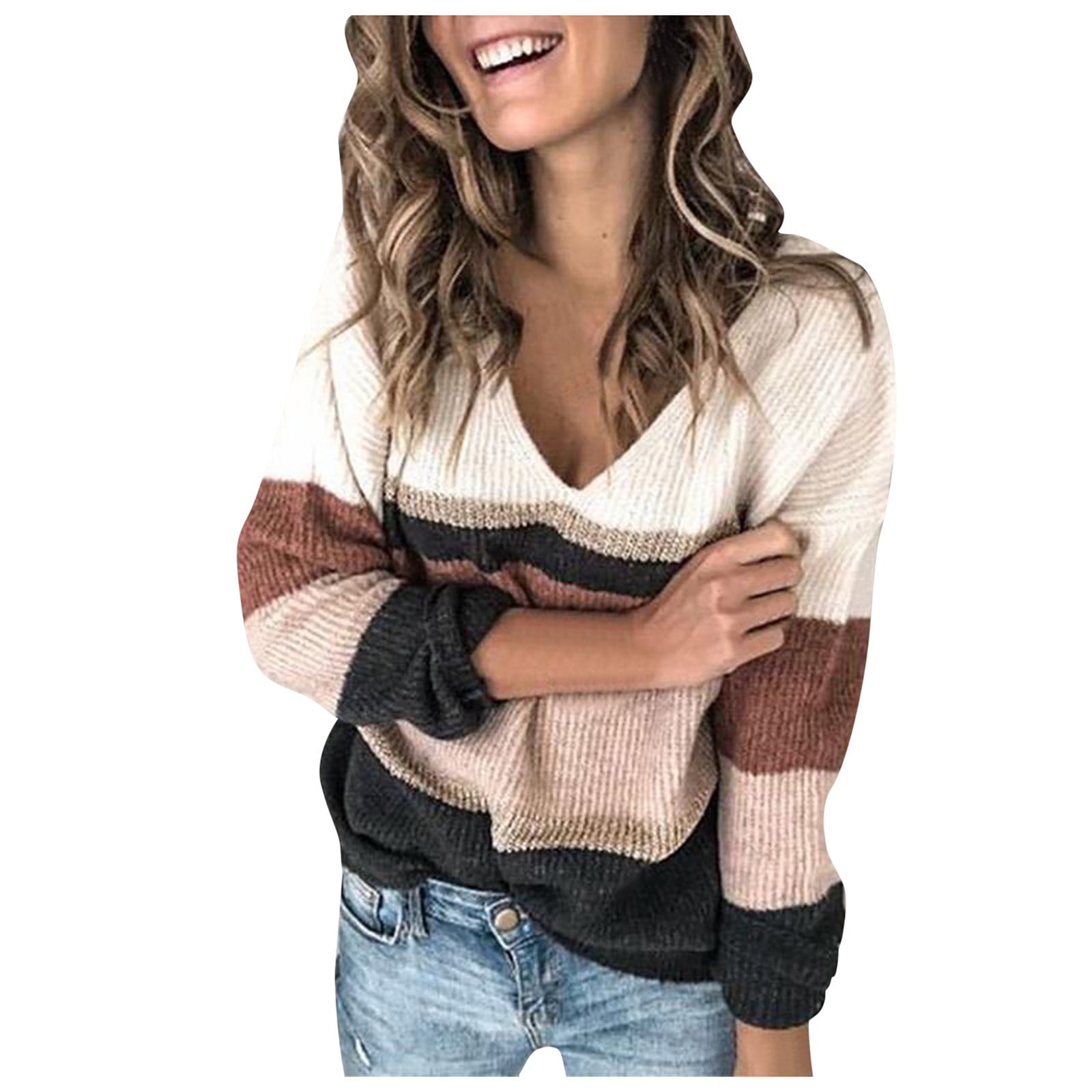 GWAABD Pocket Shacket Women S Stitching Color Stripe V-Neck Sweater Long-Sleeved Knitted Pullover Top Ladies Fall/Winter Fashion Sweatshirt Top