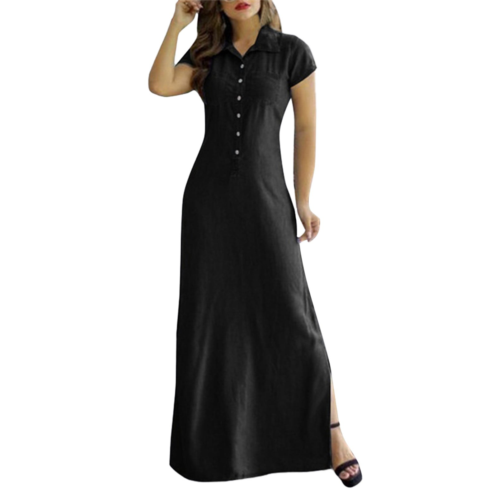 GWAABD Fall Dresses for Women 2022 Womens Fashion Solid Button Short Sleeve Pocket Long Shirt Collar Split Large Swing Dress Denim Dress