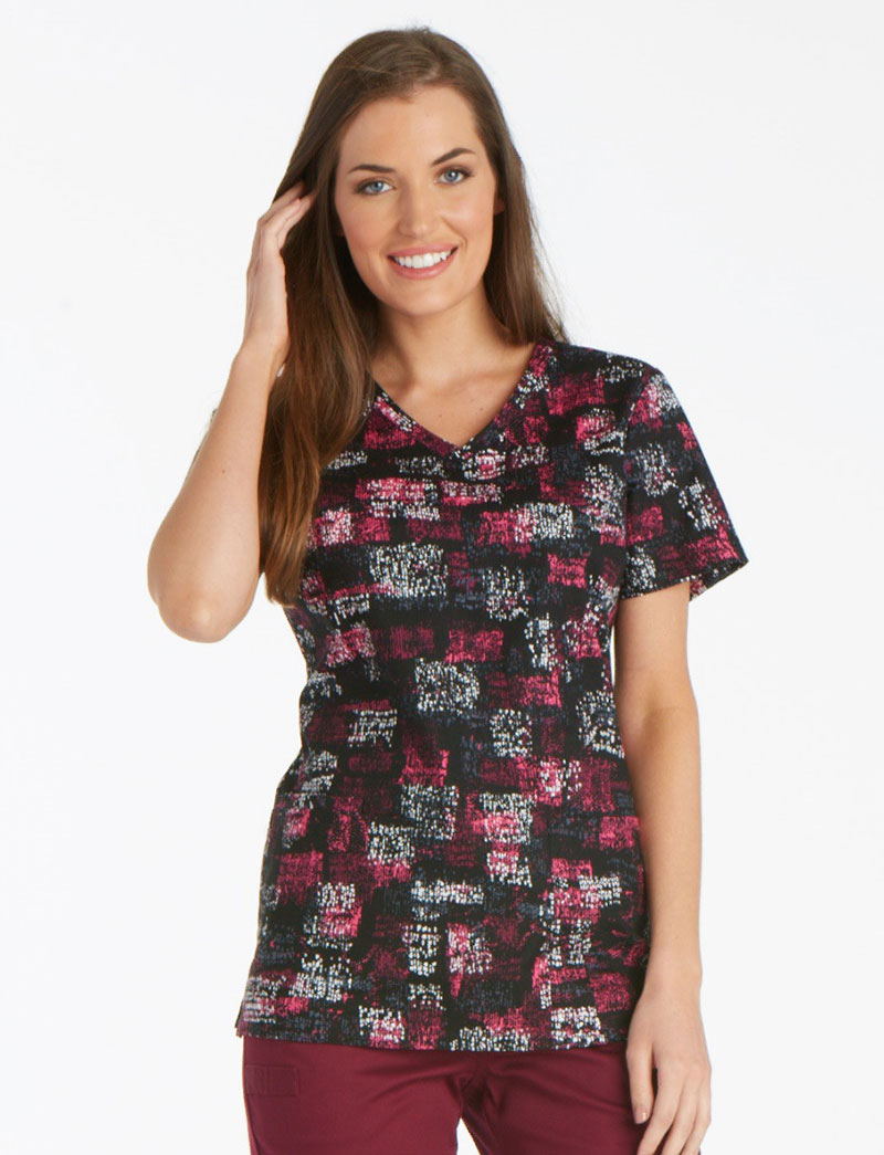 Cherokee Vneck Print Scrub Top - Pop Blocks  - 5x - Plus Size