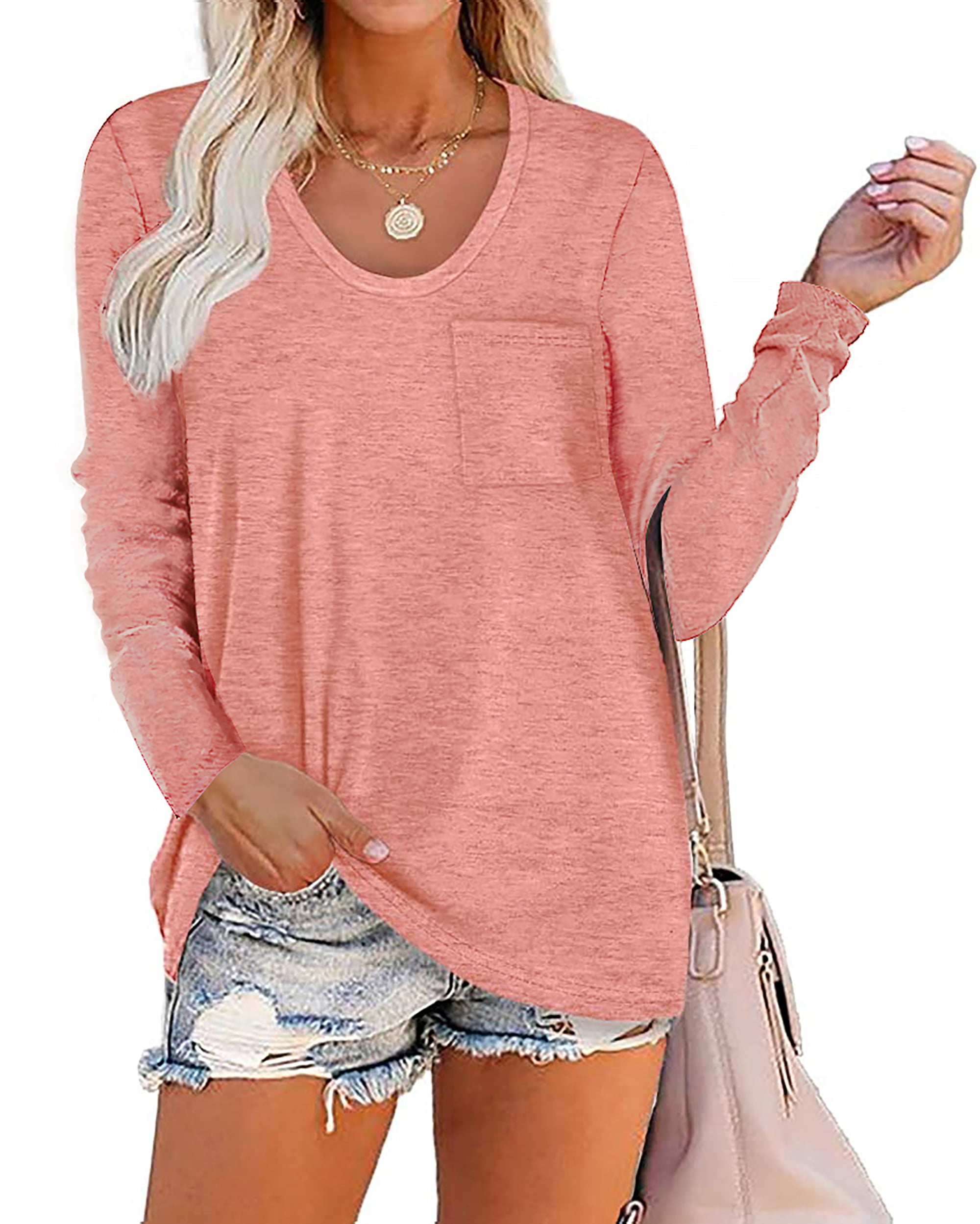 shibever long sleeve basic t shirt for women comfort soft loose fit plain tee blouse tops baggy pink pullover cotton clothing size s