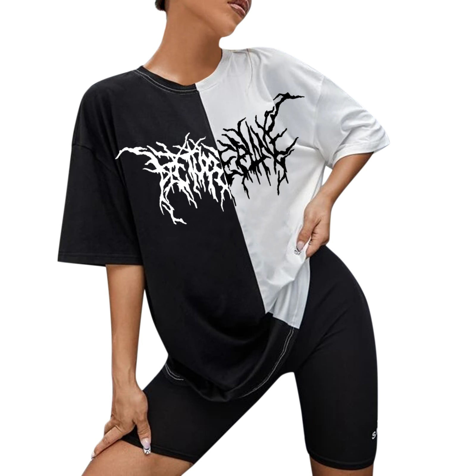 GWAABD Crewneck for Women Women S Casual Letter Print Top Shirt Round Neck Short Sleeve Loose Top T Shirt Fashion Splicing Blouse Top Tunic