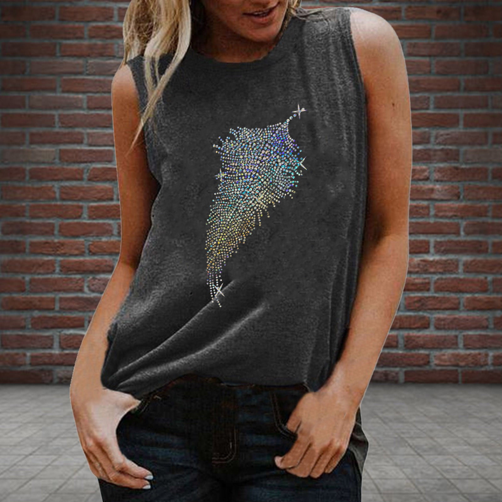 FengLS Colorful Reflective Sequins Ladies Round Neck Loose Top Sleeveless T-shirt 10-Ladies Clothes-14A#4875 Womens Clothes MYFColorful Reflective Seq