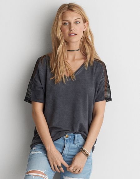 Ae Mesh Shoulder Yoke V-neck Sweatshirt