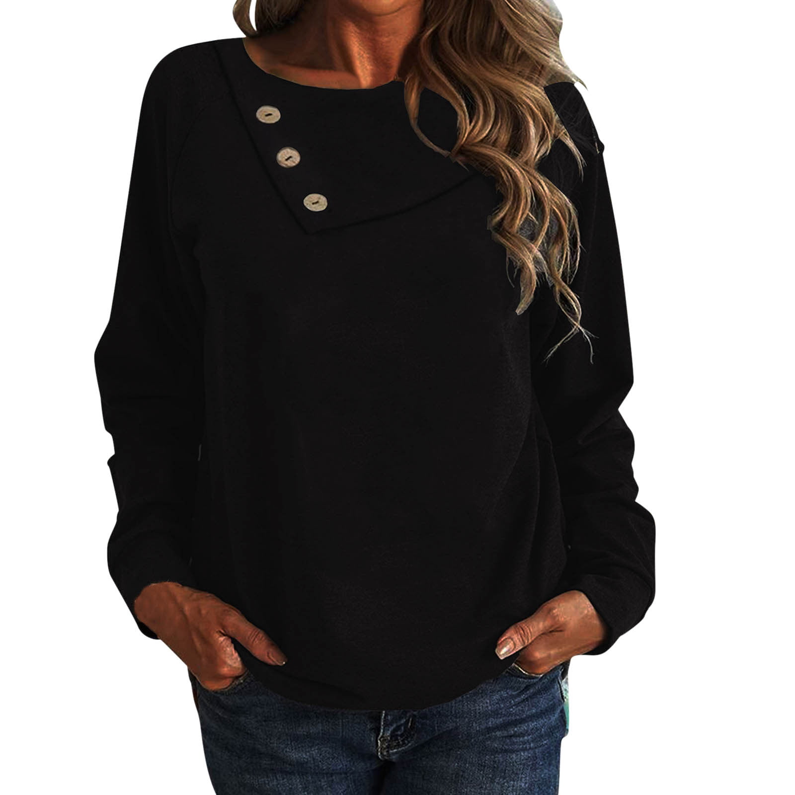 CLZOUD Shirts for Women Casual Summer Black Womens Casual Fashion Solid Color Crew Neck Lapel Button Long Sleeve Tops T Shirt Blouse L
