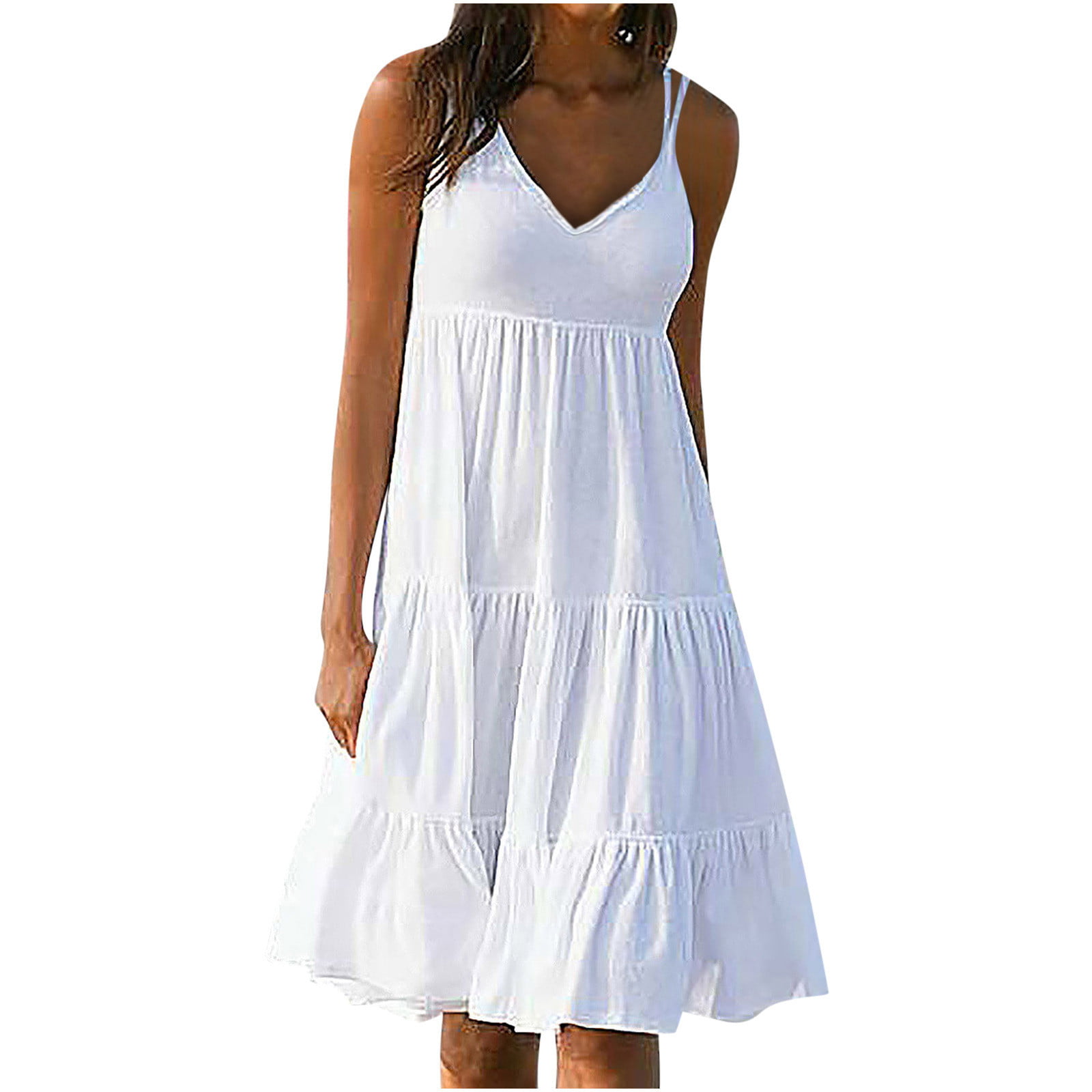 CLZOUD Womens Fashion Dresses Womens Summer Dress 2023 Sleeveless Mini Dress Solid Loose Short Flowy Pleated