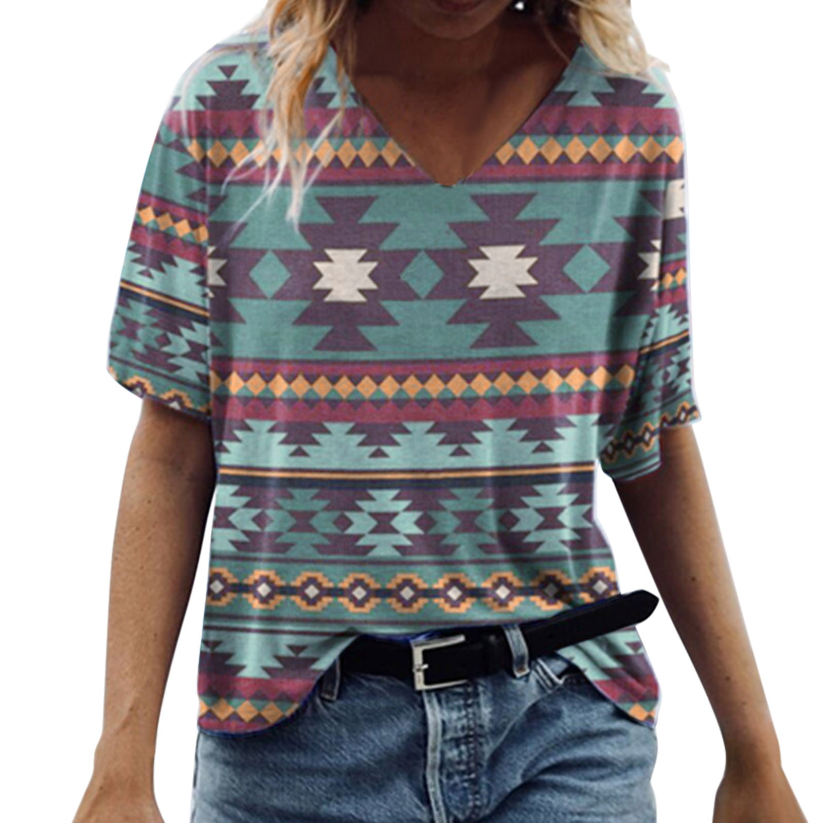 GWAABD Womens T-Shirts Crewneck Casual Tee Casual Short-Sleeved Printed V-Neck Style Loose Retro Blouse Ladies Folk Women S Blouse