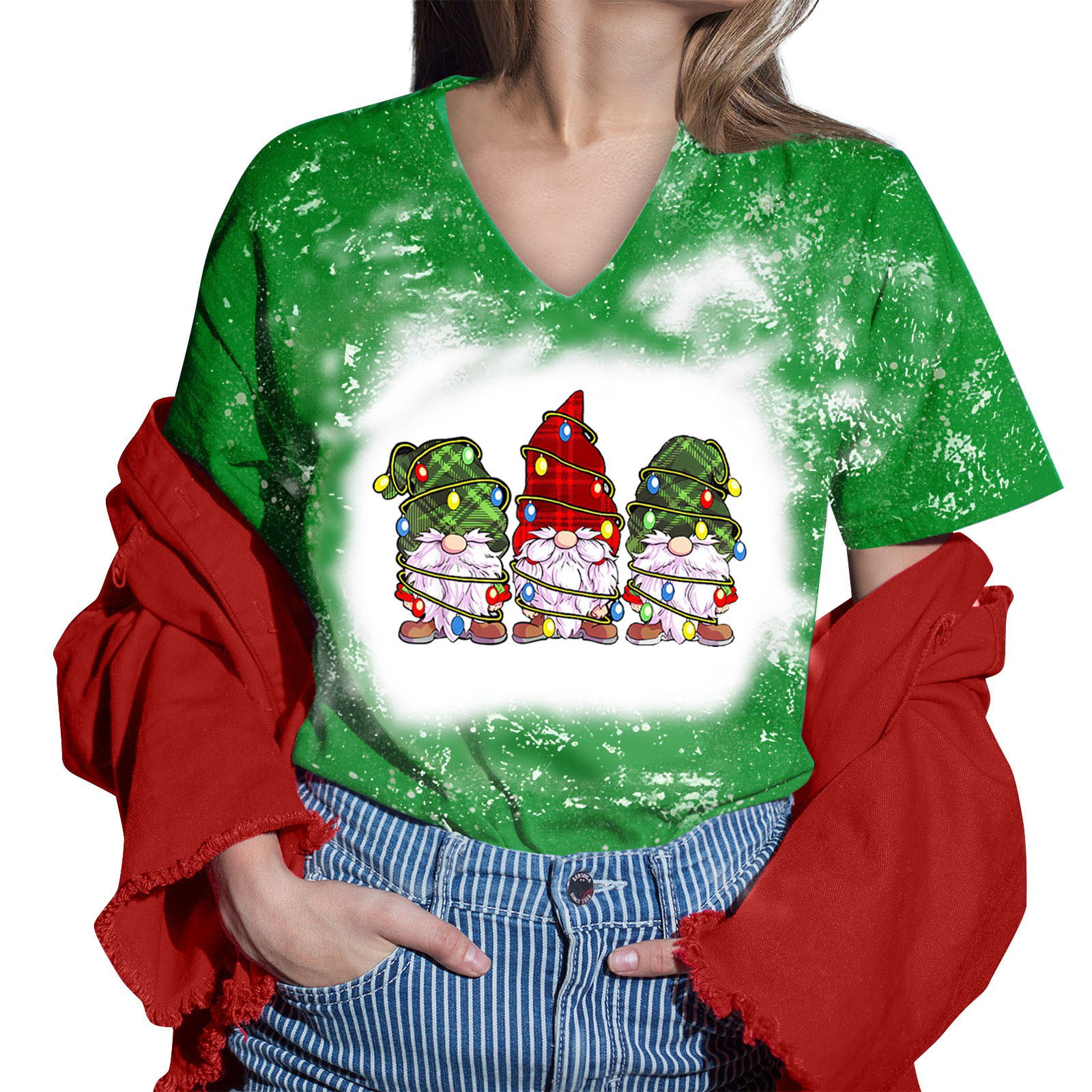 CLZOUD Womens T Shirts Trendy Green Women Printed Shirt for Womens Casual Short Tie Dye Sleeves Tops V Neck Tee Tunic Flower Loose Side Blouse L