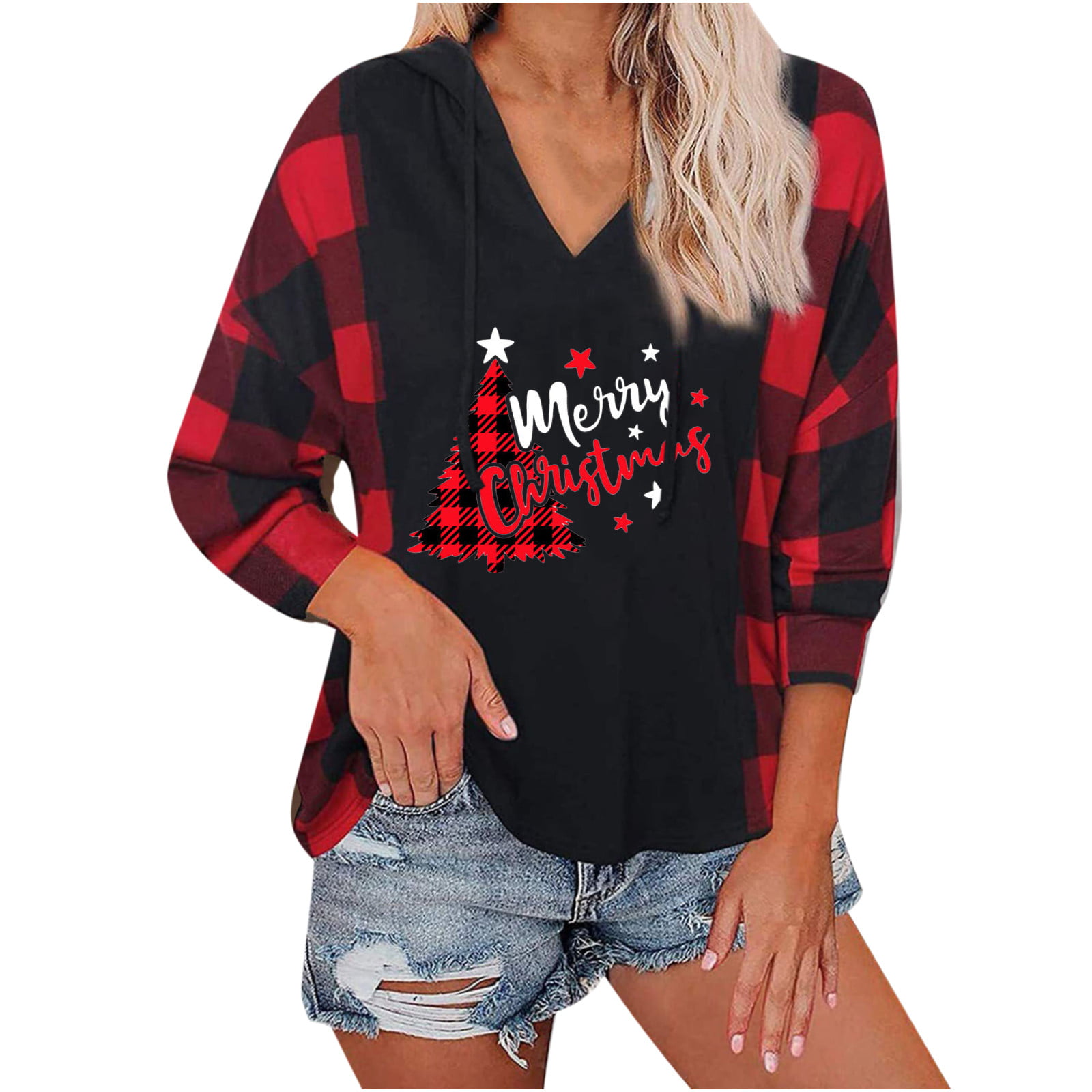 Women Fall Hoodies Clearance Hooded Pullover for Hoodies Chirstmas Print Casual Long Sleeve V-Neck Sweatshirts