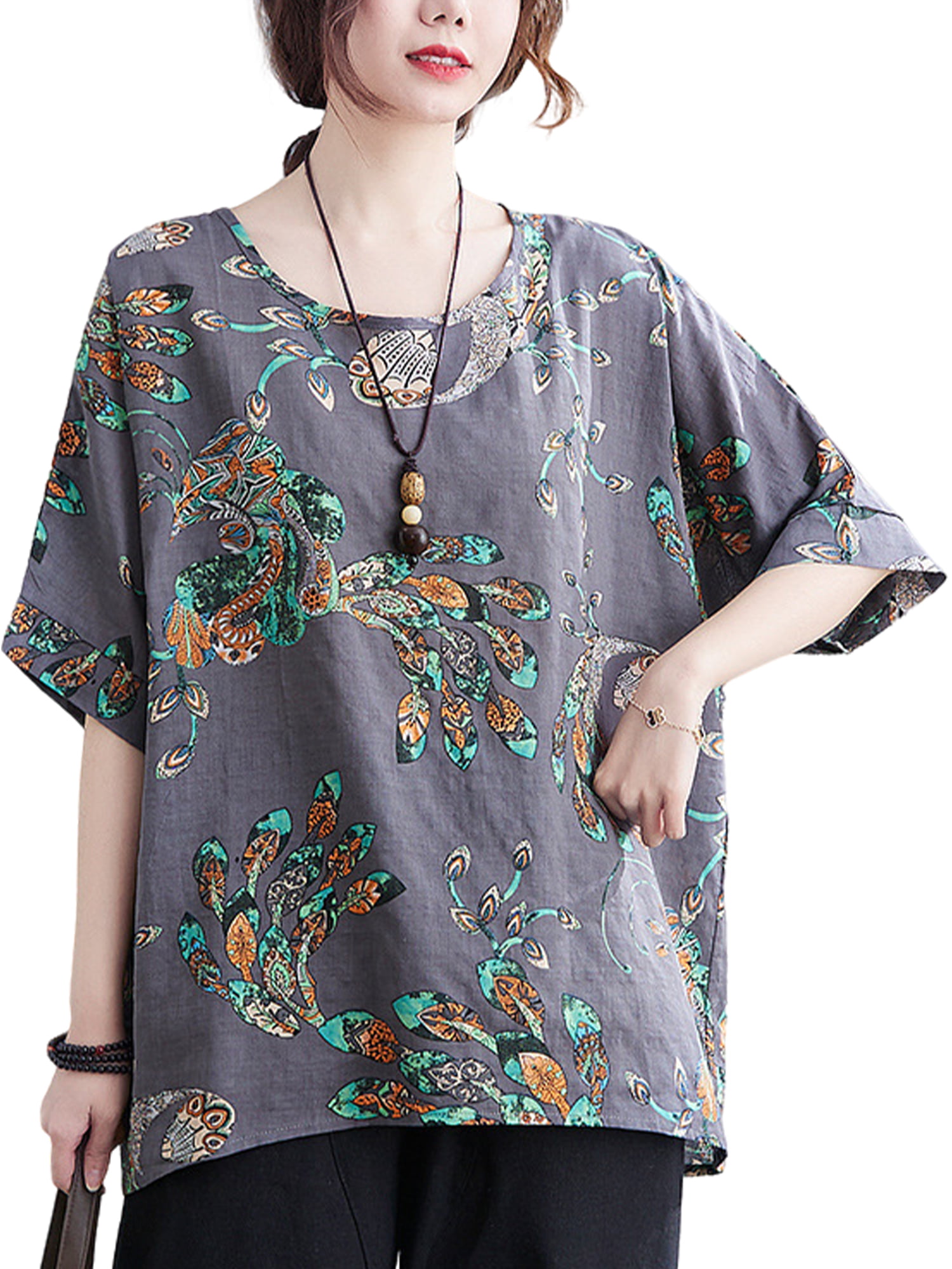 Grianlook Ladies T Shirt Short Sleeve T-shirt Crew Neck Tee Women Casual Summer Tops Loose Floral Print Tunic Blouse Gray (3439) One Size