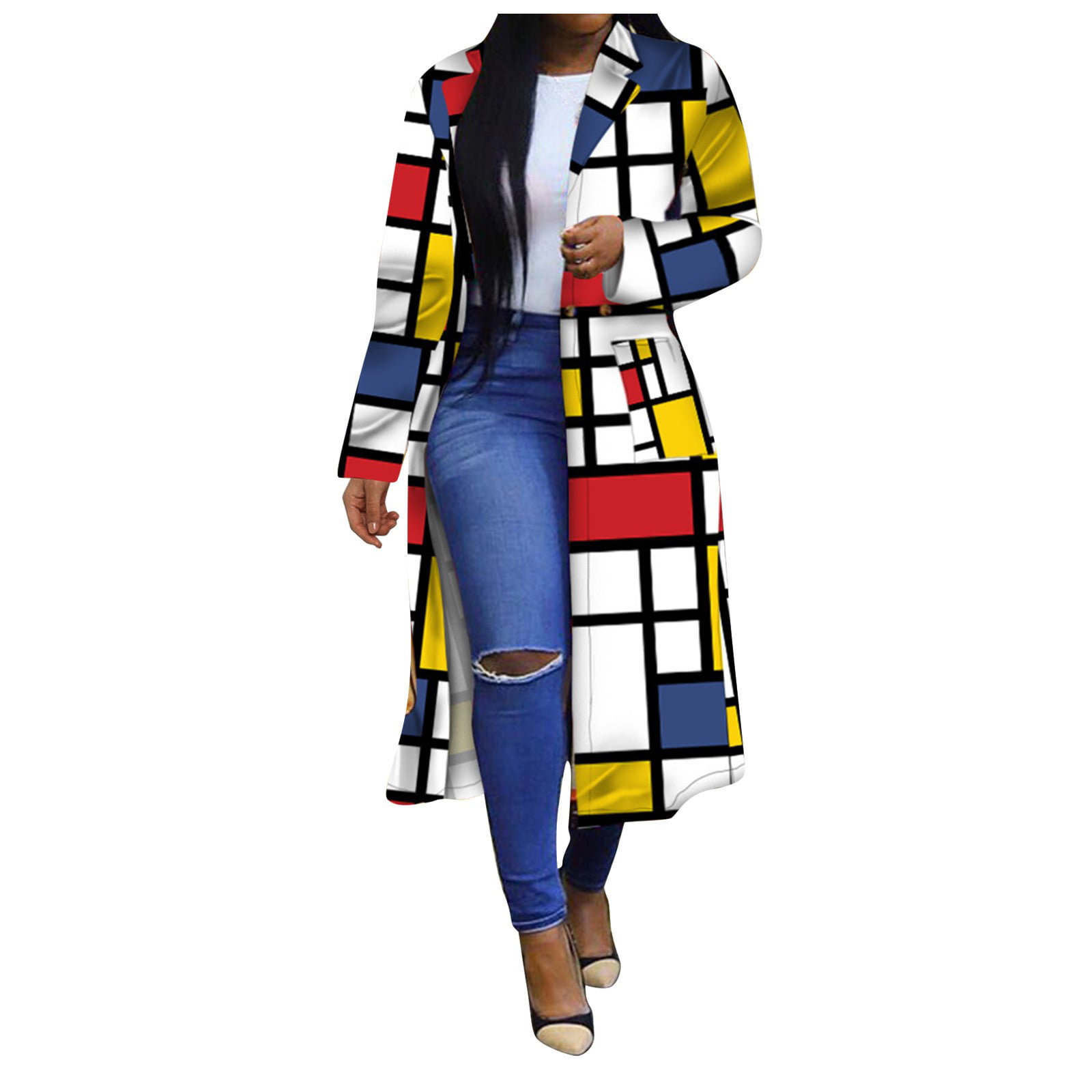 GWAABD Lined Sweatshirt Women Women Long Plaid Printed Jackets Fashion Windbreaker Double Overcoat Lapel Outerwear with Pocket