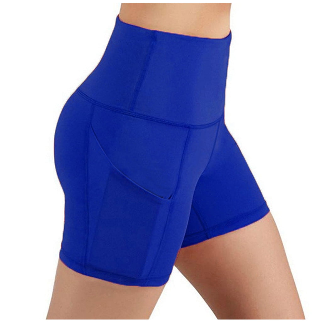 CLZOUD Womens Yoga Leggings Blue Polyester Lady Solid Pocket High-waist Stretch Underpants Running Fitness Yoga Shorts M