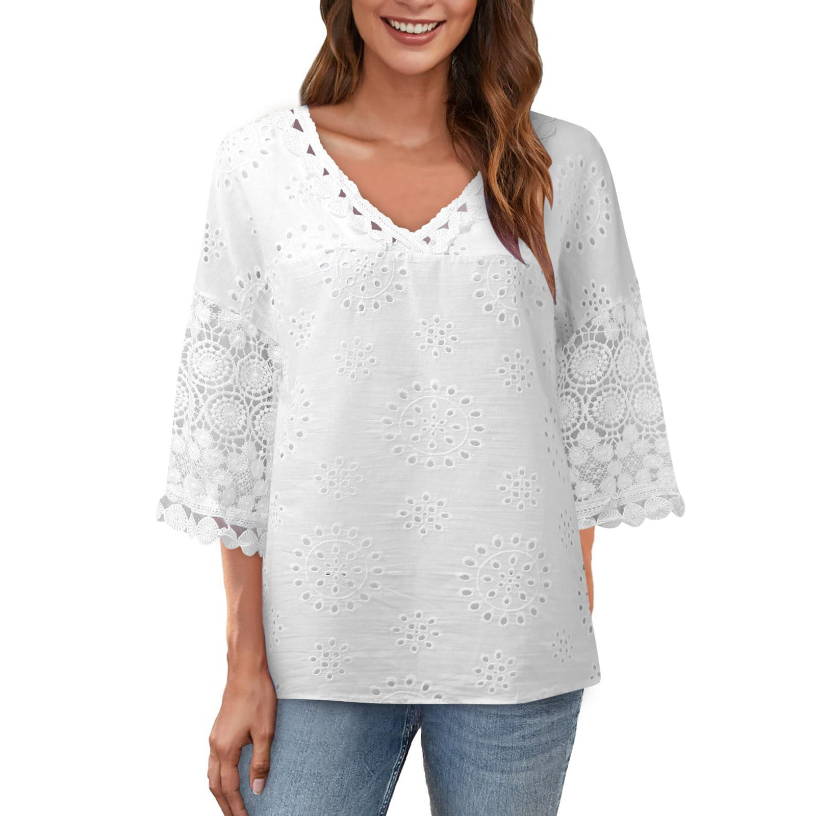 GWAABD Plus Size Tops for Women Long Sleeve Women Cutout V Neck Three Quarter Sleeve Tops Shirt Loose Shirt Cutout T Shirt Tunic Top Elegant Shirt