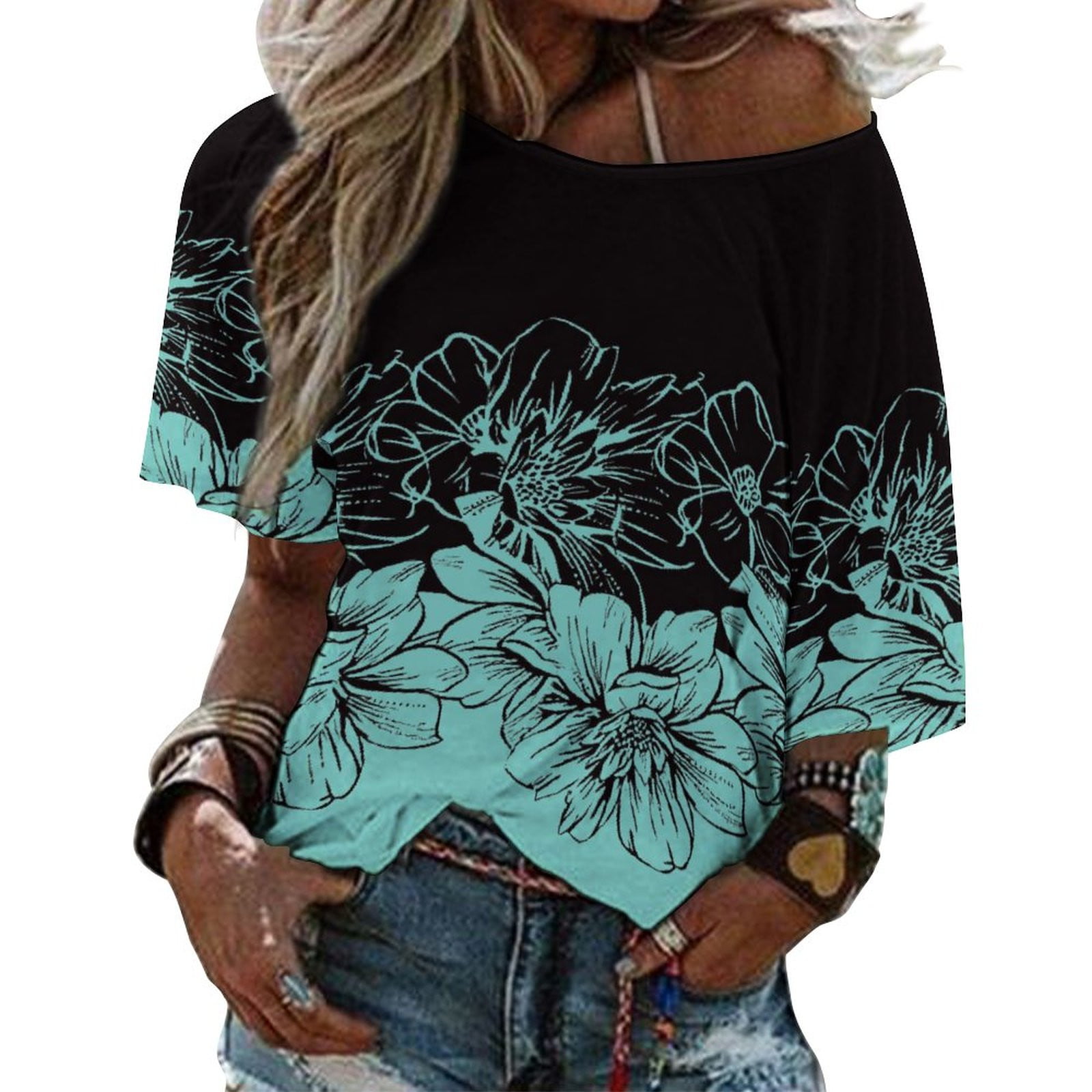 GWAABD Teacher Sweatshirts for Women Women Plus Size Boho Loose Top Summer Blouse T Shirt One Floral Printed Shoulder Women S Blouse