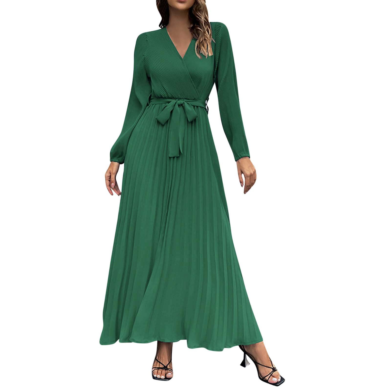 GWAABD Cute Dresses for Women Date Night Autumn and Winter Women S Long Sleeved V Neck Dress Pleated a Line Skirt in the Long Casual Skirt