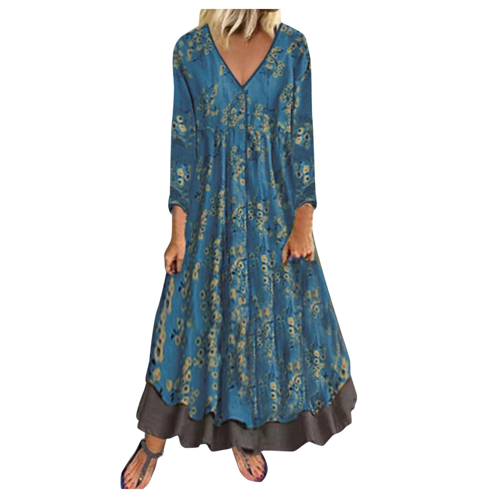 GWAABD Womenss Dress Women S Dress Printed V-neck 3/4 Sleeve Loose Two Piece Casual Long Dress