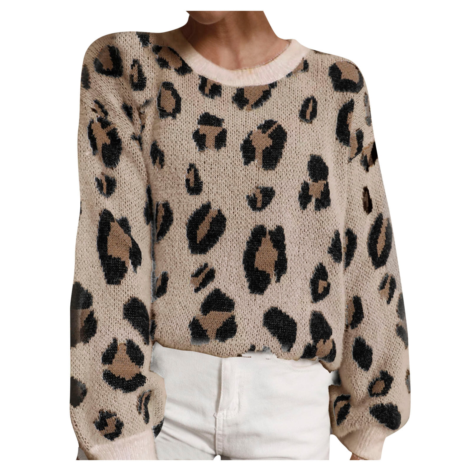 GWAABD Womens Plus Flannel Jacket Women S Long Sleeve Fasion Leopard Print Splice Sweater Casual O-Neck Pullover Knit Openwork Jumper Tunic