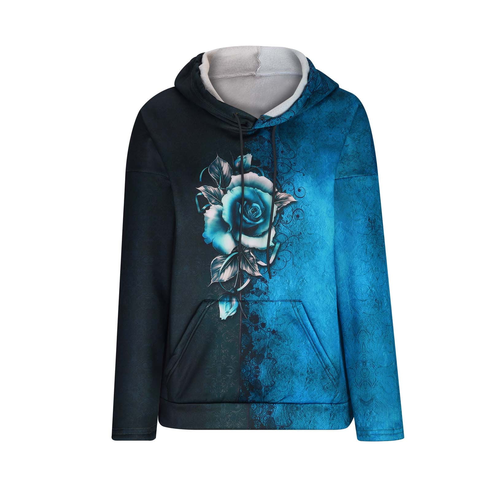 BYOIMUD Gradient Color Rose Printing Dressy Tops Oversized T Shirts Gifts for Womens Fall Fashion Long Sleeve Shirts Drawstring Hooded Sweatshirts Tre