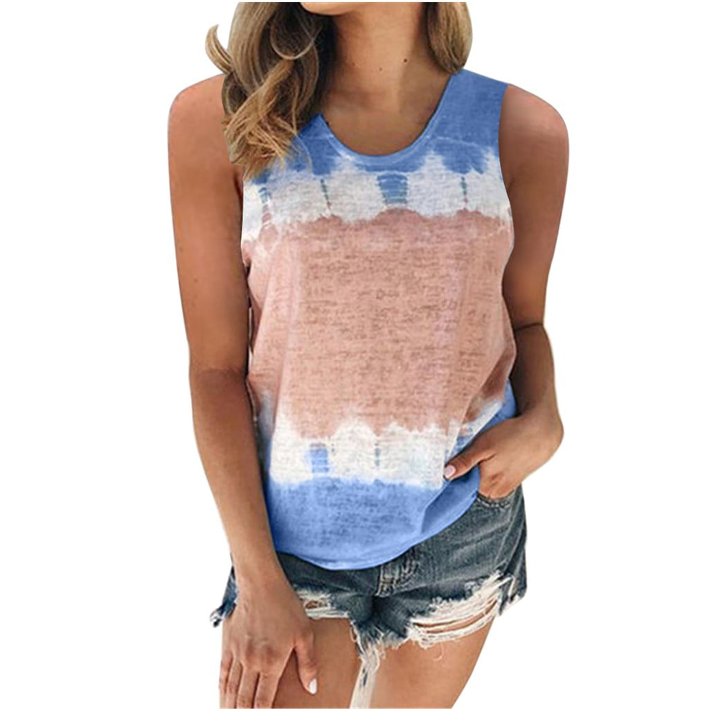 CLZOUD Casual Cami Top Blue Casual Tie Dye Color Tops（S 5XL） Crew Neck Block Tanks Sleeveless Womens Fashion Women S Blouse Xxxl