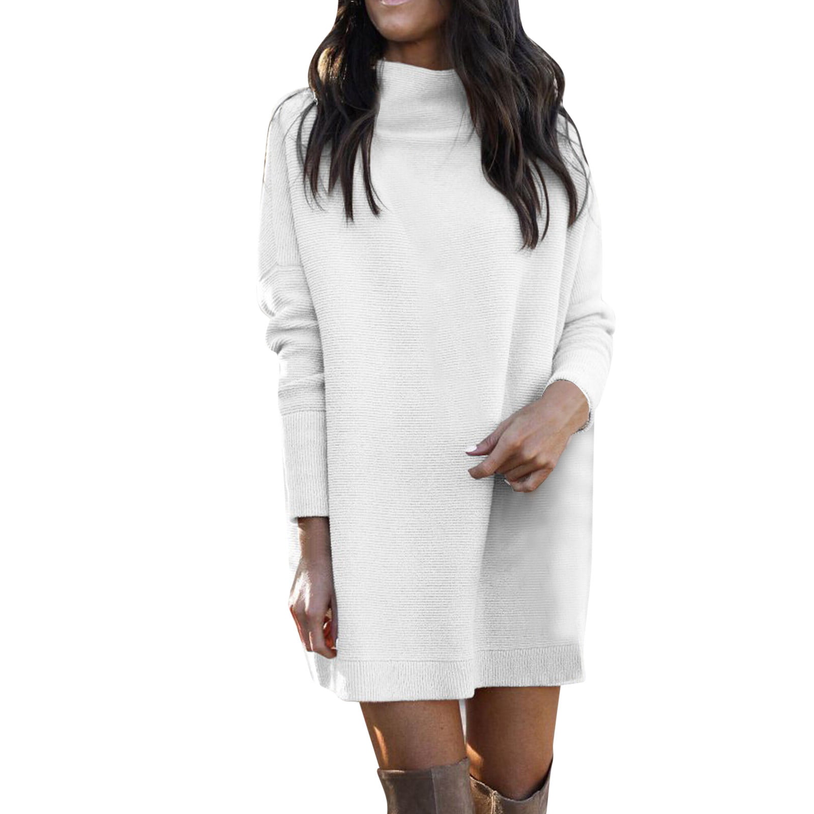 CLZOUD Dresses for Summer White Polyester Spandex Women Autumn and Winter Round Neck Knitted Long Sleeve Dress S