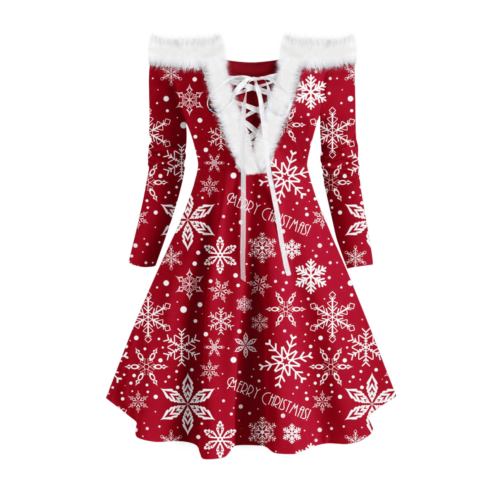 GWAABD Shirred Ruffle Hem Dress Long-Sleeved Lace-up Strapless Print Ladies Dress Retro -collar Plush Christmas Women S Dress